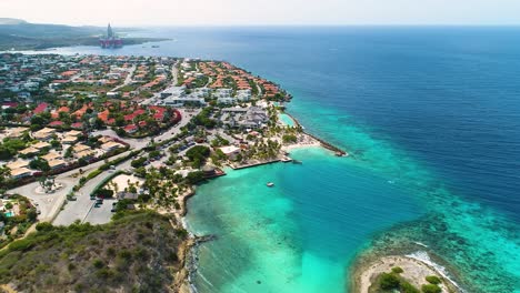 aerial cinematic zoomed pullback reveals jan thiel and zanzibar beach in curacao