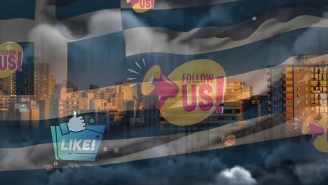 Animation-Der-Flagge-Griechenlands,-Die-über-Dem-Stadtbild-Weht,-Und-Text,-Folgen-Sie-Uns-Und-Liken-Sie-Online-Nachrichten