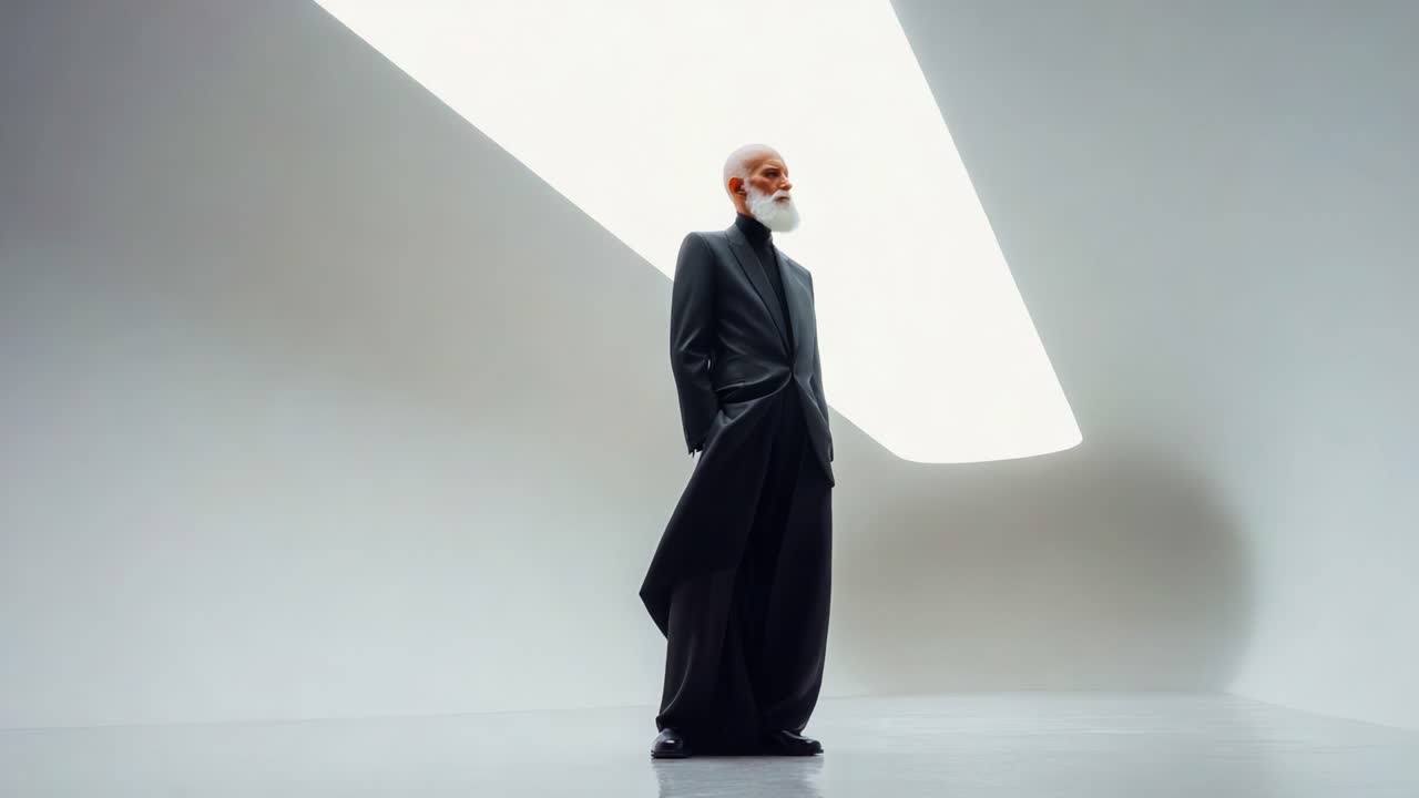 Et markant og minimalistisk modemoment med en ældre mand i et skræddersyet, sort outfit, der udstråler elegance og raffinement under en dramatisk geometrisk lyskilde.