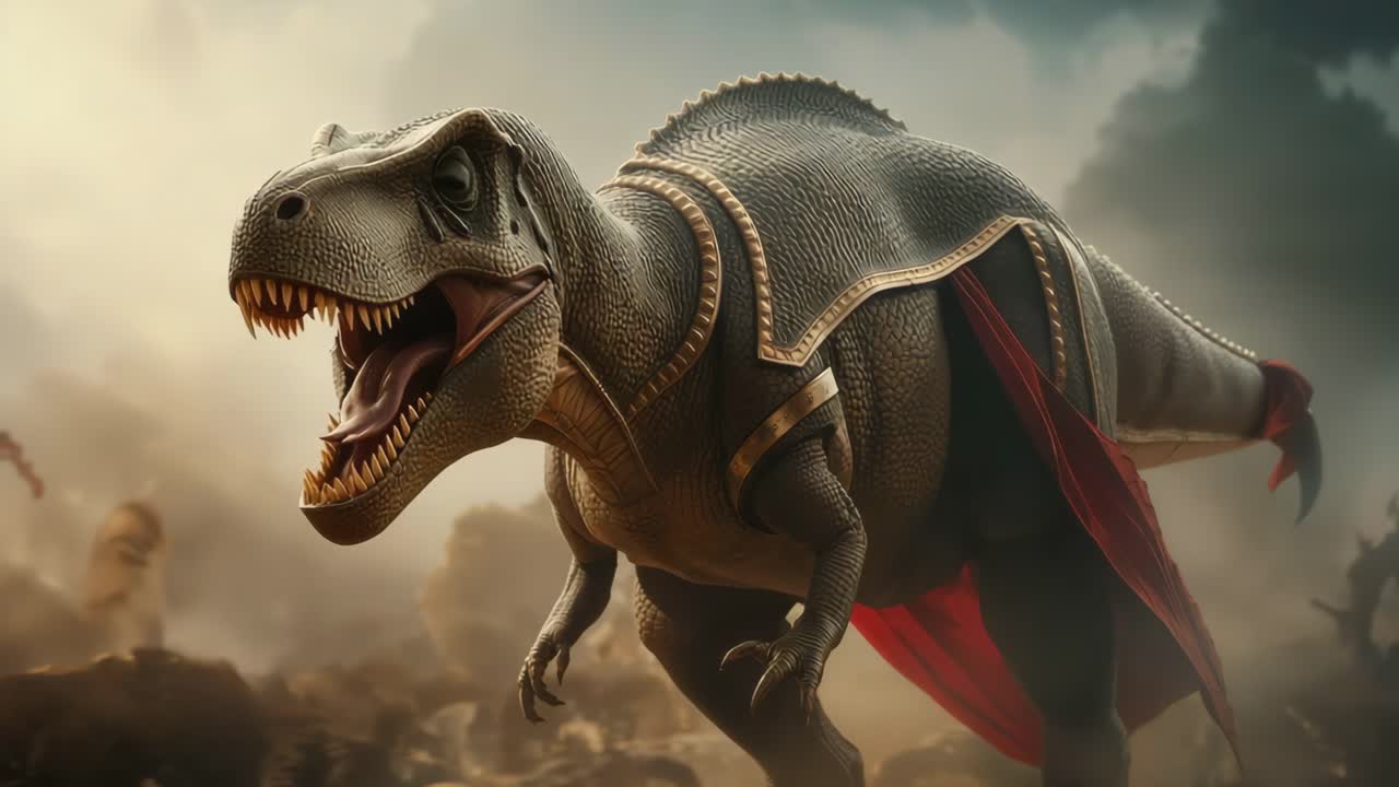 A dinosaur wearing a cape and armor