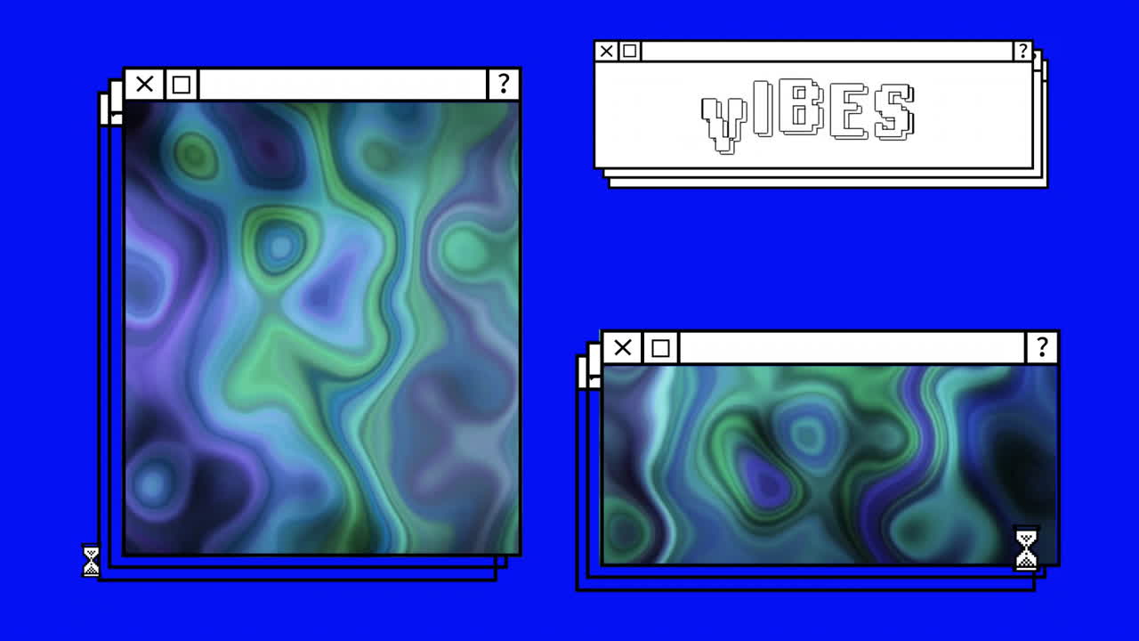 Animation of digital interfaces with moving shapes and vibes text on blue background