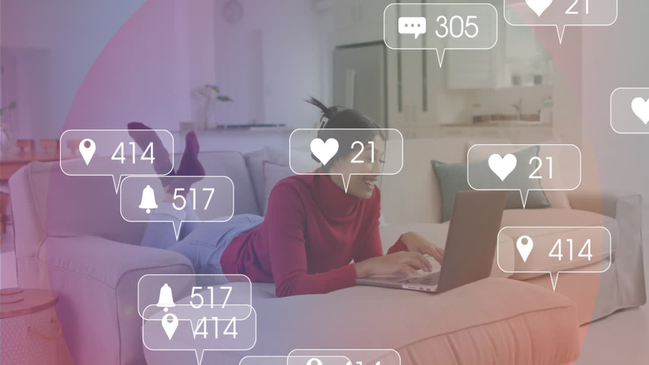 Woman using laptop at home with social media notifications overlay animation