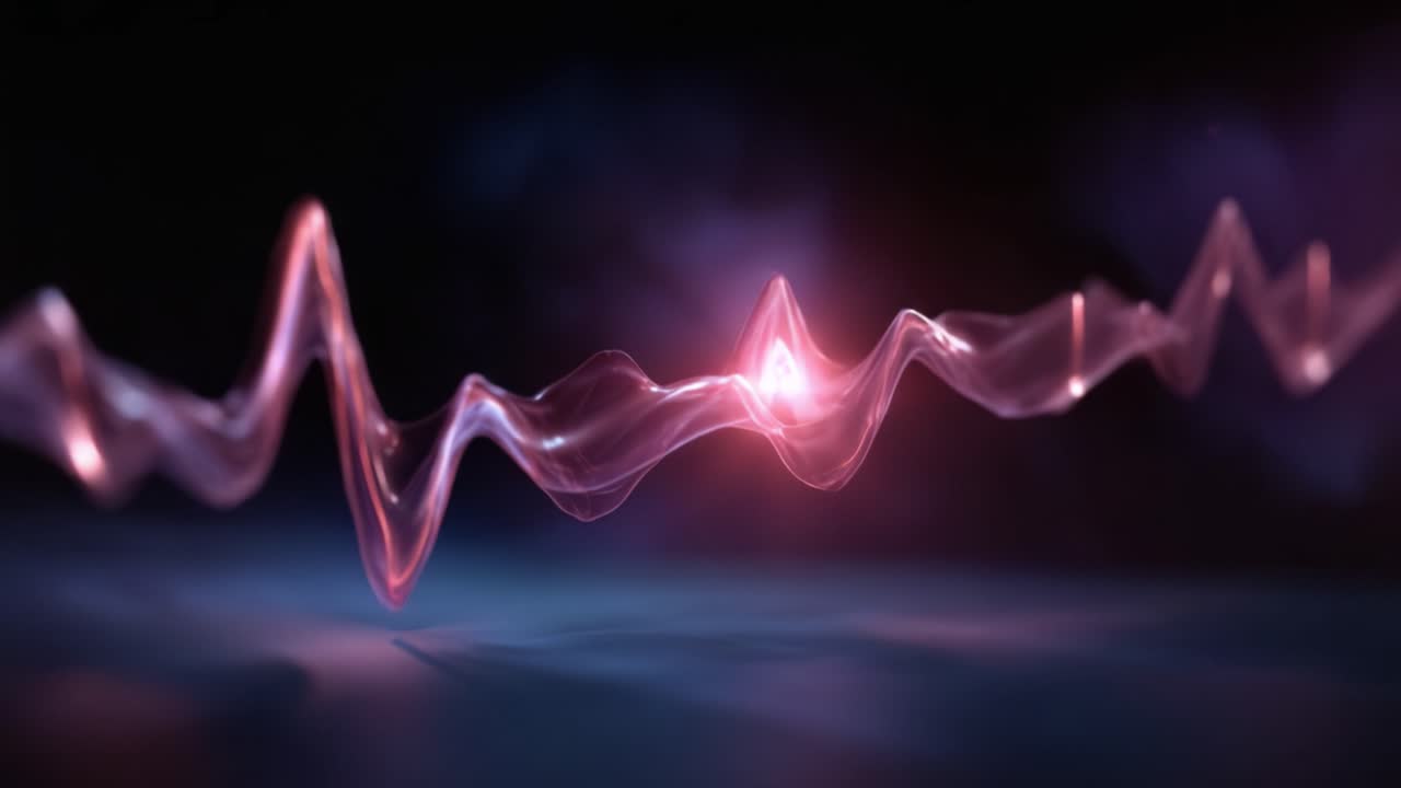 Dynamisk bølgeformsanimation med glødende røde og lilla farvegradienter, der viser jævne overgange til effektiv visualisering af lyd- eller datafrekvenser.