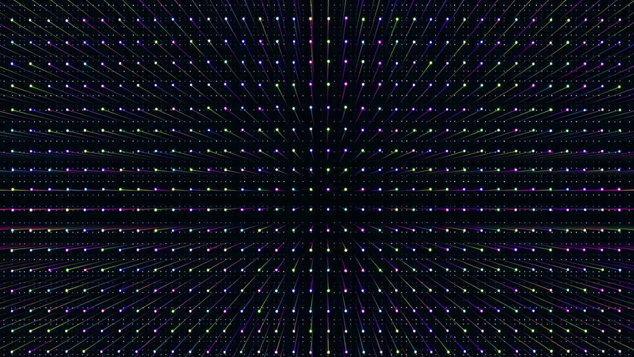 Receding Dot Matrix Over Black Void, Colorful Points Form Vanishing Perspective With Digital Rhythm