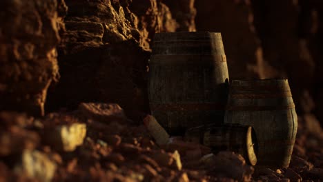viejos barriles de vino vintage de madera cerca de la pared de piedra en el cañón