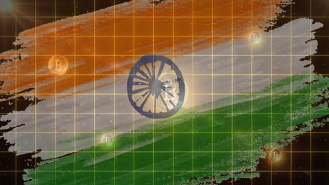 animación de símbolos de bitcoin que fluyen sobre la bandera de la india en el fondo
