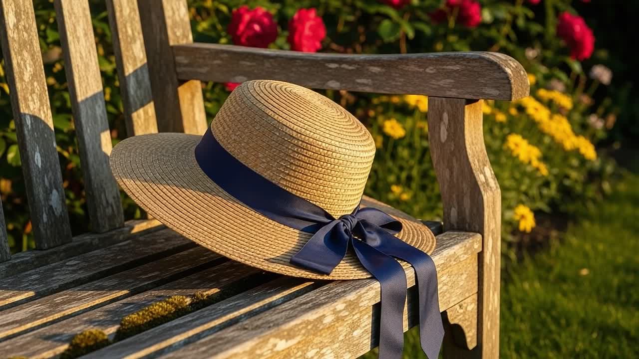 A Beautiful Straw Hat with a Navy Ribbon Resting on a Rustic Wooden Bench Surrounded by Colorful Flowers in a Sunlit Garden Setting