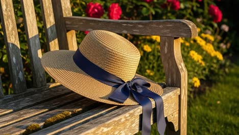 a beautiful straw hat with a navy ribbon resting on a rustic wooden bench surrounded by colorful flowers in a sunlit garden setting