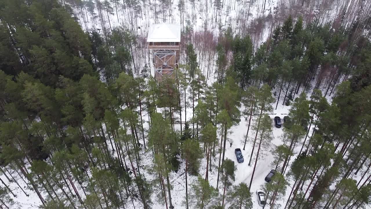 vista aérea de drones de la torre de observación valgesoo en el sur de estonia durante el invierno