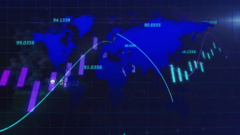 global financial data and stock market trends animation over world map