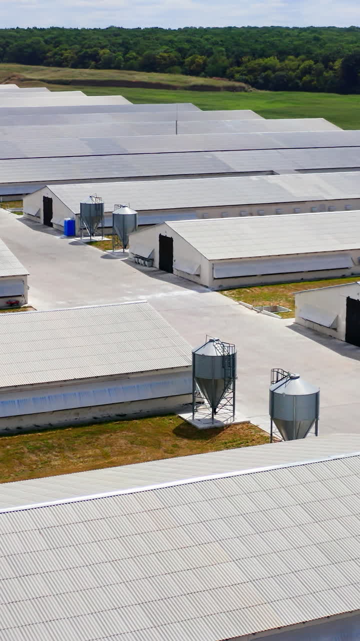 A modern, metal, prefabricated farm building. Prefabricated farm building. View from above on poultry farm. Vertical video