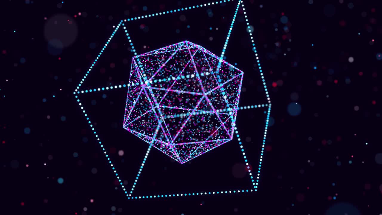 las partículas de brillo abstracto forman un objeto 3d en el espacio. cubo. bucle vj como bg del espacio digital virtual. partículas forman forma holoram como concepto de big data, red o espacio vr. diseño de movimiento de ciencia ficción bg.