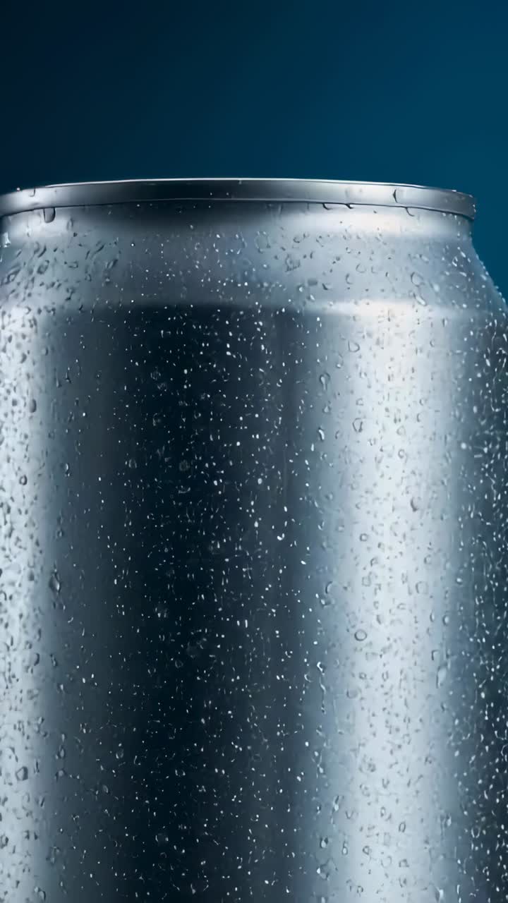 Vertical video: Panning camera downward revealing beverage can in studio, showing water droplets