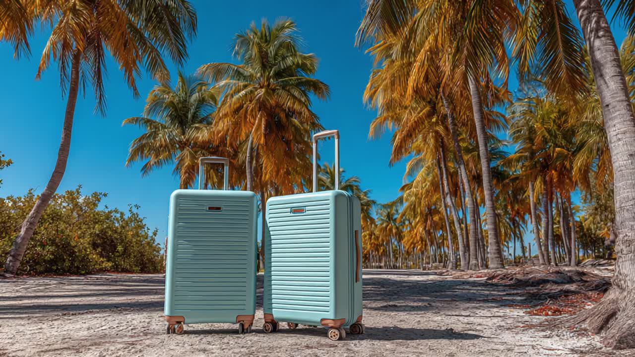 Un paio di valigie alla moda tra lussureggianti palme tropicali e un cielo azzurro, perfette per viaggi e avventure in una giornata di sole