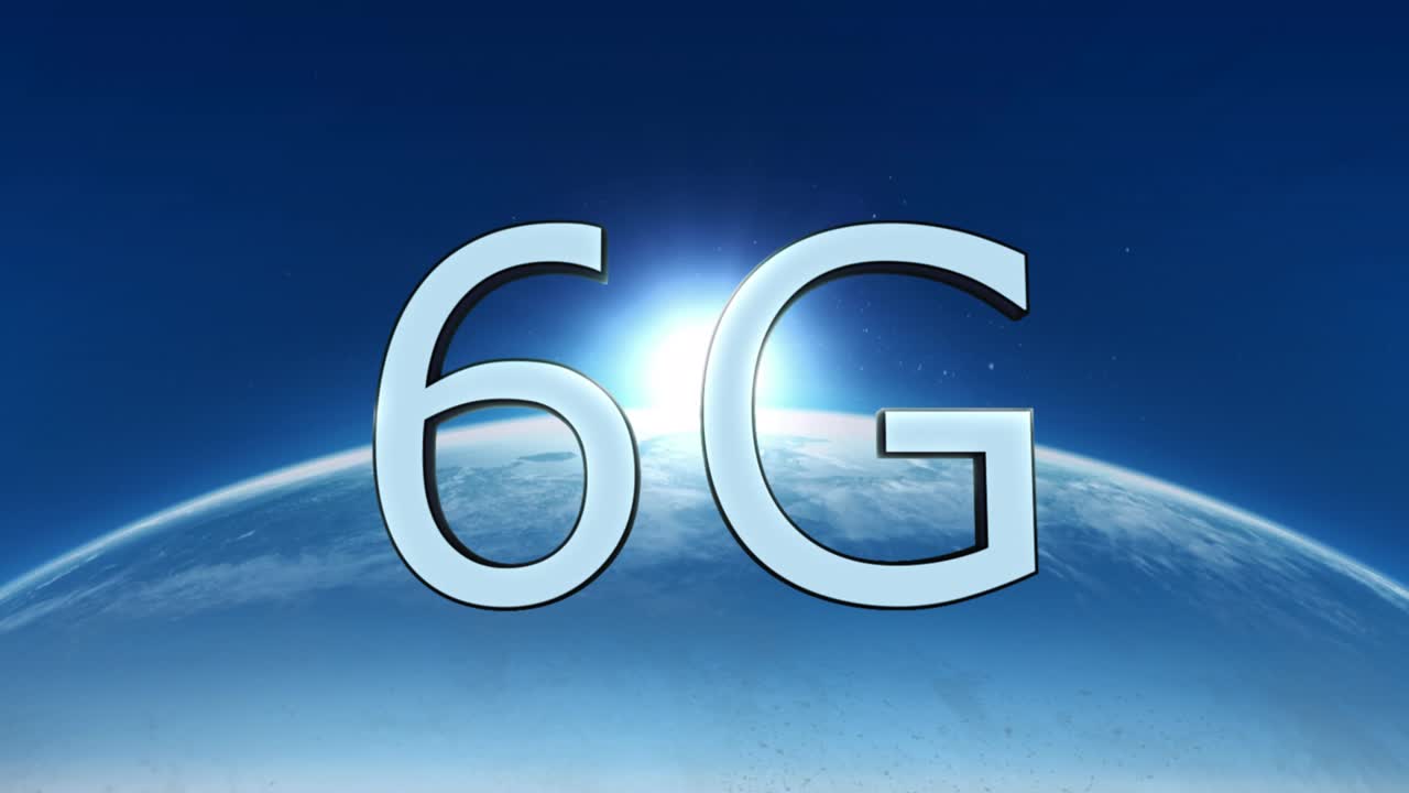 Animation of 6g text over globe on blue background