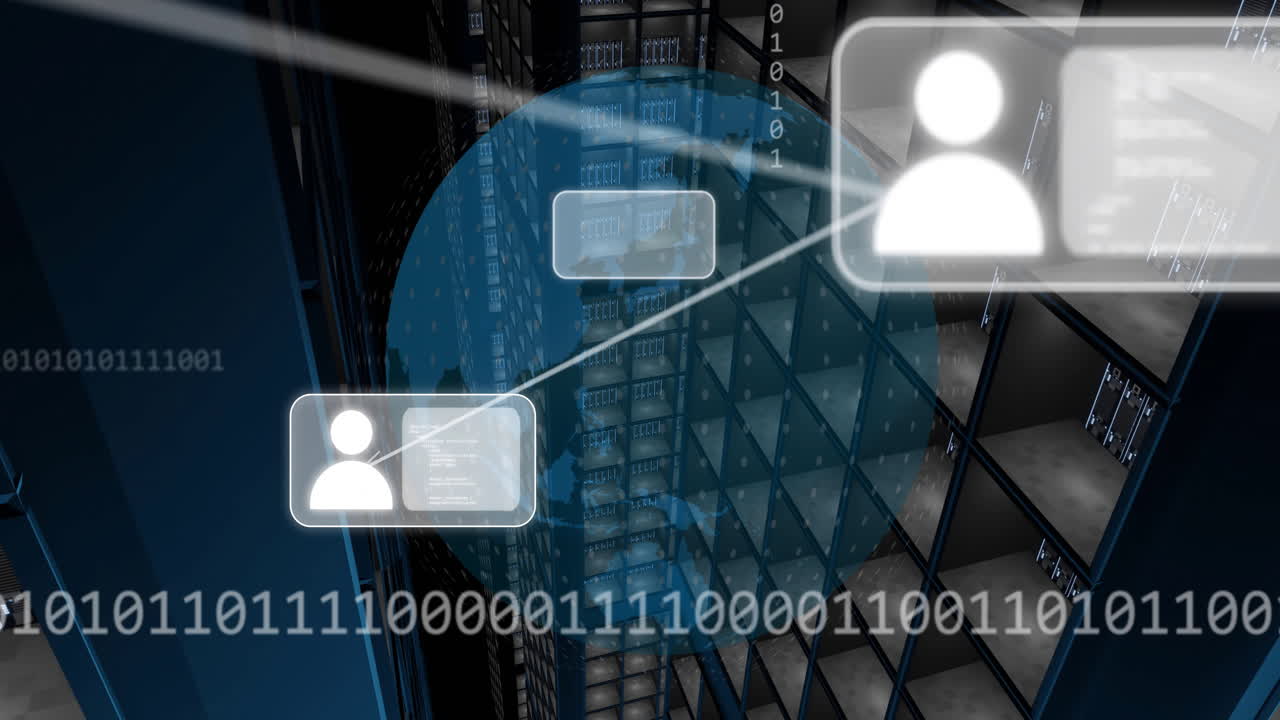 Animation of icons, globe and binary coding over computer servers