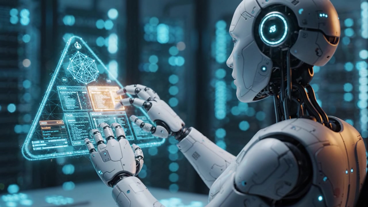 A humanoid robot interacts with a holographic interface that displays complex data and analytics, showcasing advanced technology in a futuristic digital environment.