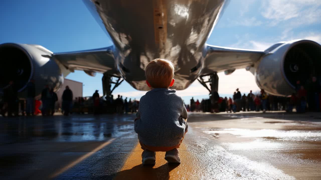 A Young Child Captivated by an Enormous Airplane, Gazing in Awe Underneath Its Body as Aviation Enthusiasts Gather Around, Exploring the Fascinating World of Flight and Adventure