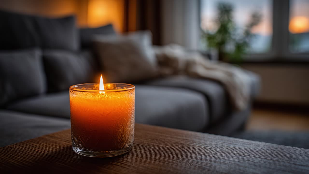 En koselig kveldsscene med et flimrende lys på et salongbord ved siden av en komfortabel sofa, som skaper en varm og innbydende atmosfære i stuen