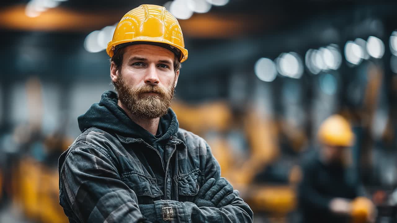 A confident construction worker stands firmly in an industrial setting, showcasing dedication and professionalism while wearing a protective helmet and work attire, ready for any task