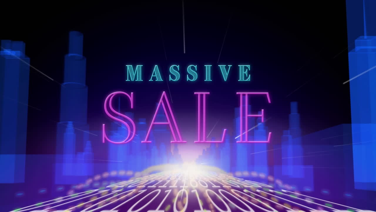 네온 거대한 판매 텍스트와 3d 도시 모델 위에 원활한 패턴으로 빨간 추상적인 모양의 애니메이션