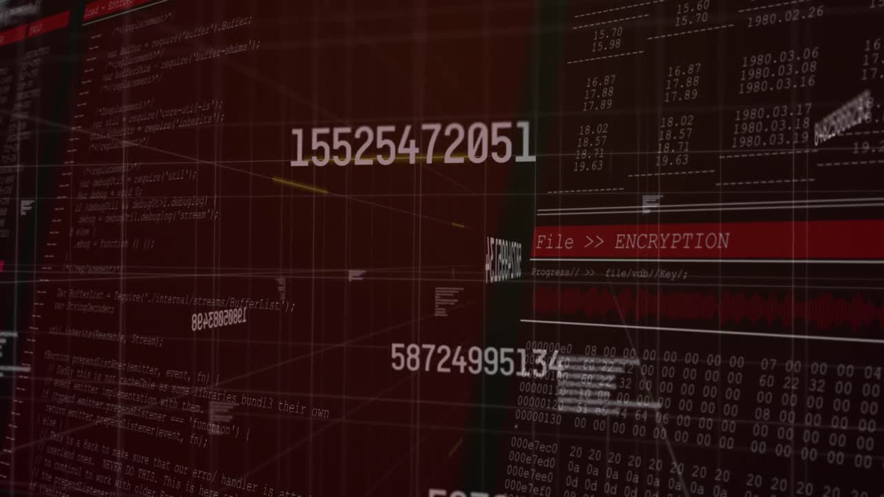 animación de números que cambian y procesamiento de datos en pantallas sobre la cuadrícula en segundo plano