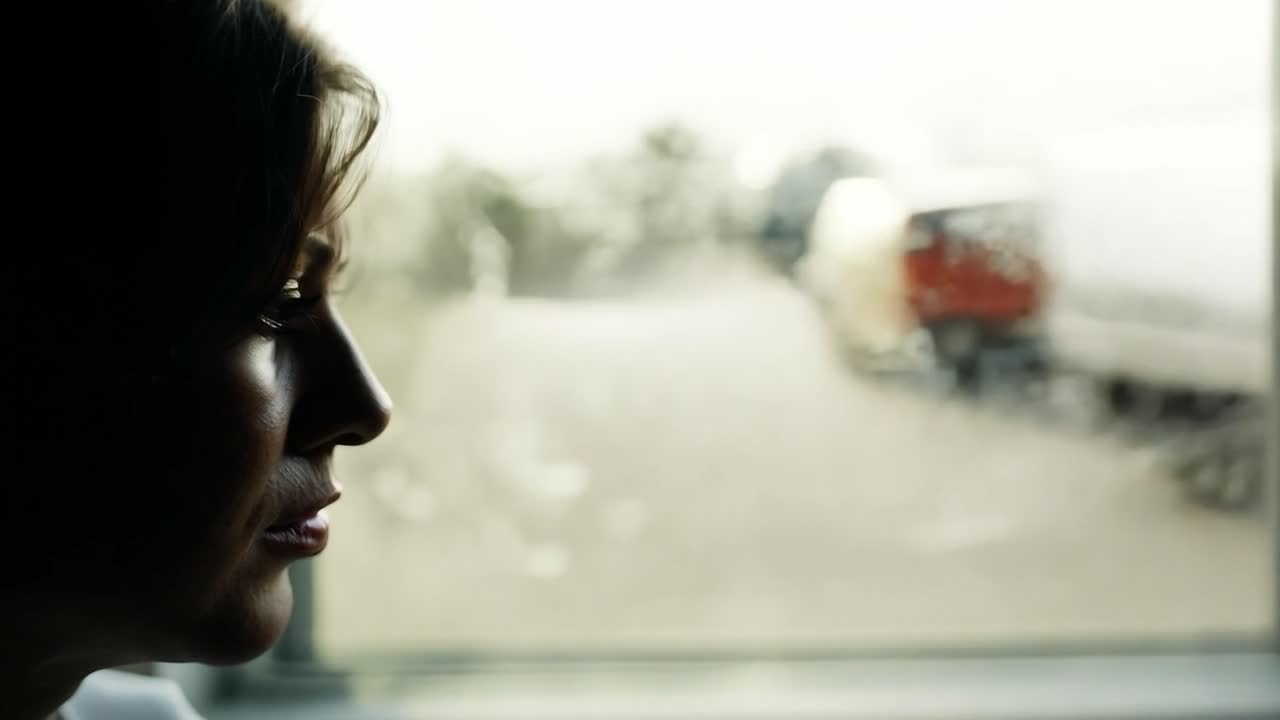 한 여자가 슬픈 표정으로 창밖을 바라보고 있습니다.