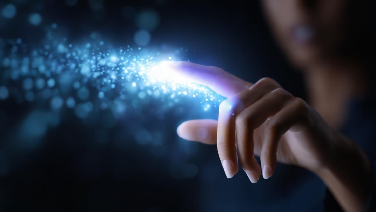 Un toque brillante: exhibición cautivadora de magia y asombro con un dedo que se extiende y crea un rastro de luz brillante en un entorno oscuro