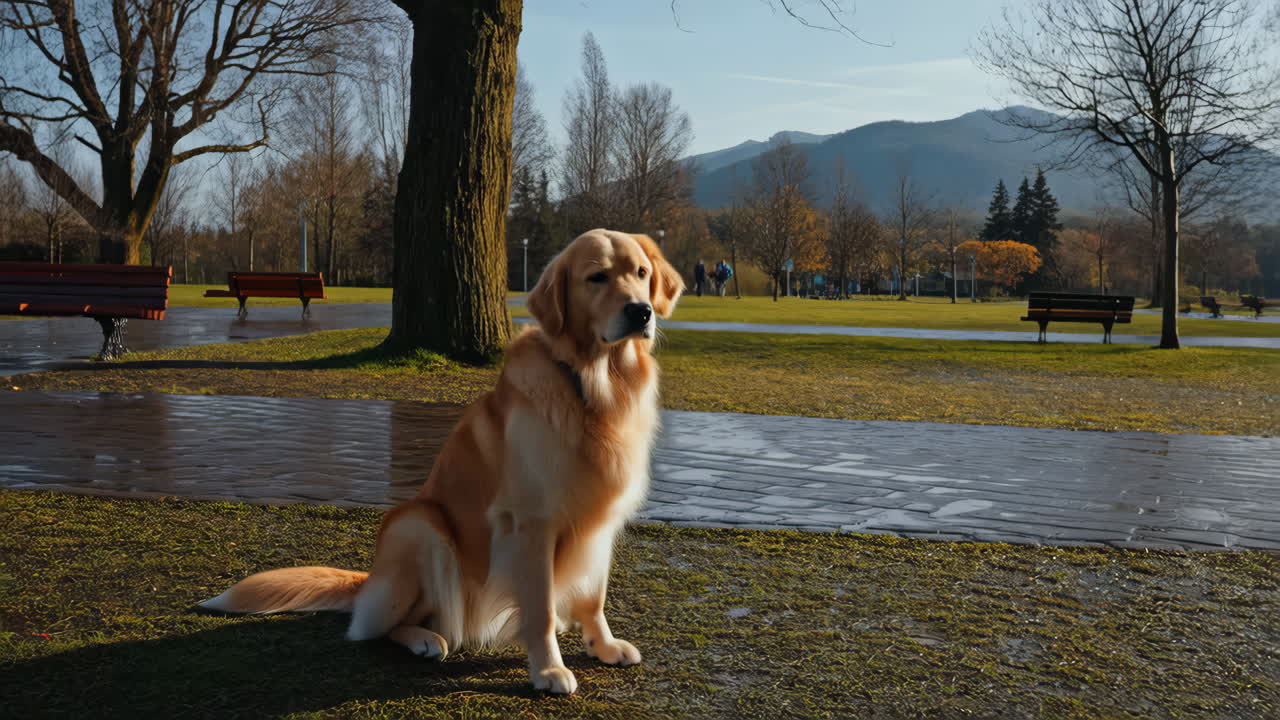 A Golden Retriever dog sitting in a park on a sunny day with mountains in the background