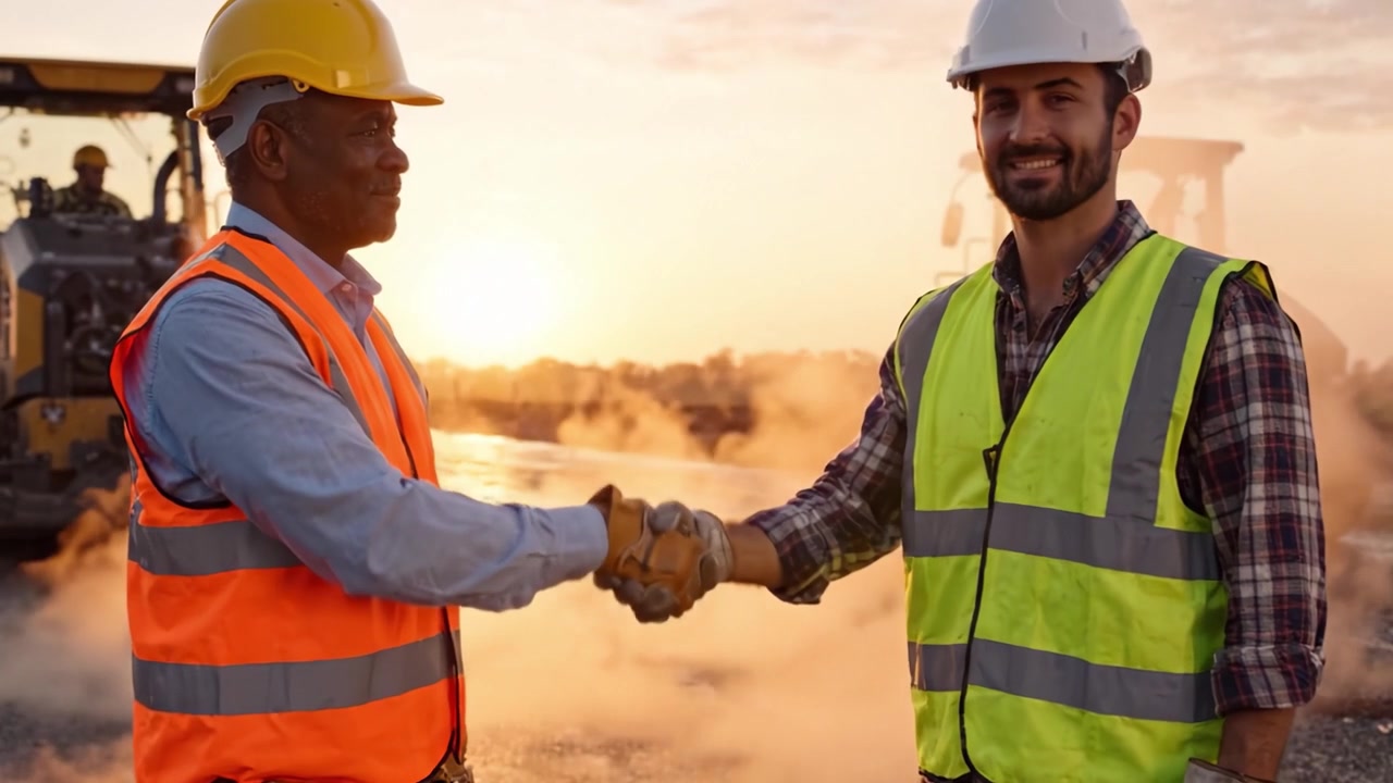 Two Construction Workers Engaging in Discussion During a Sunset Roadwork Project, Highlighting Teamwork and Safety in Construction Environments