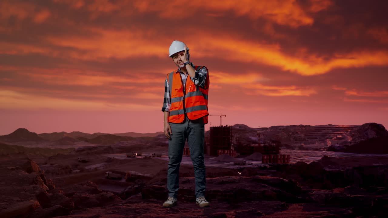 Helkroppsbilde av asiatisk mannlig ingeniør med vernehjelm, som viser OK-tegn med hånden ved øyet og smiler til kameraet mens han står på en byggeplass med gruvemaskineri