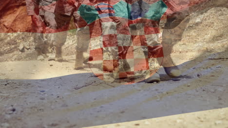 animation of flag of croatia over diverse male soldiers walking