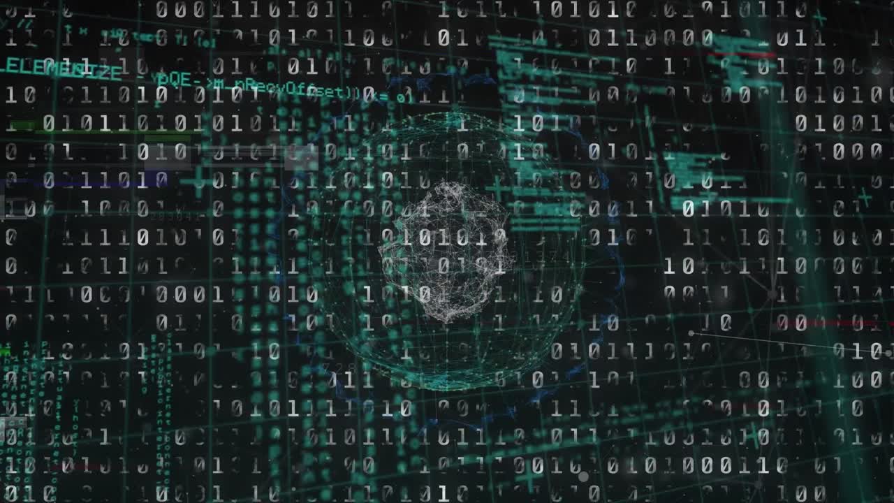 animación de procesamiento de datos de codificación binaria sobre el globo de la red de conexiones en fondo negro
