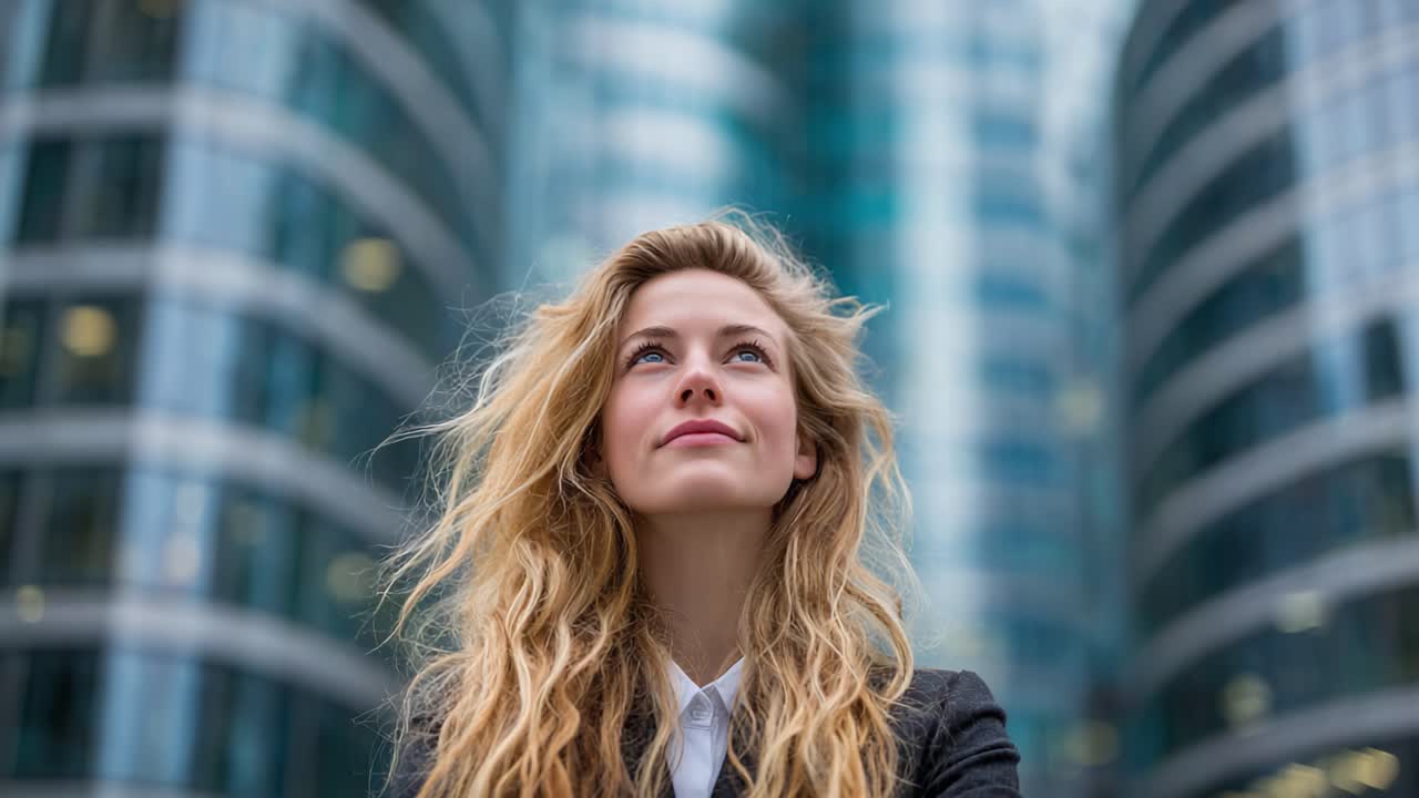 A Young Woman with Flowing Hair Looks Upward with Hope and Ambition Against a Modern Urban Backdrop of Silvery Skyscrapers and Glass Architecture