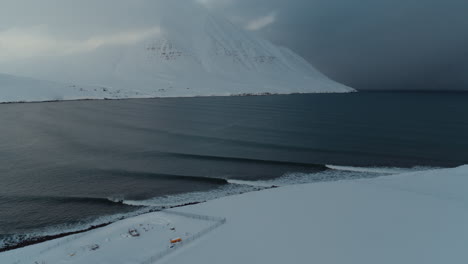 a frozen point break wave beneath snow covered mountains in iceland during winter shot with a drone