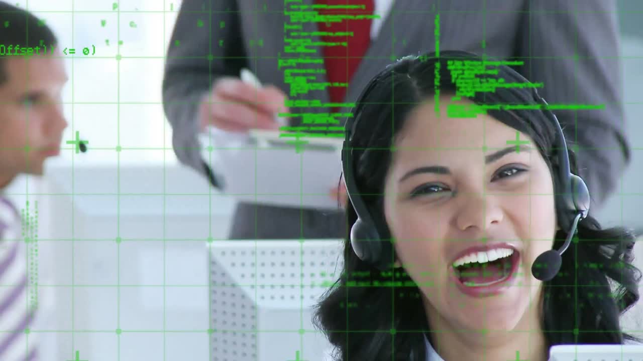 Animation of data processing over business people using phone headsets