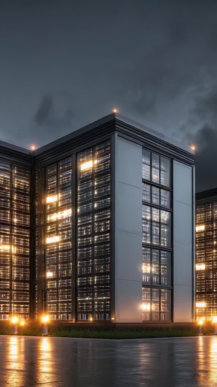 Uma maravilha arquitetônica moderna: vistas noturnas deslumbrantes de um edifício contemporâneo com designs elegantes, luzes brilhantes e céu noturno dramático