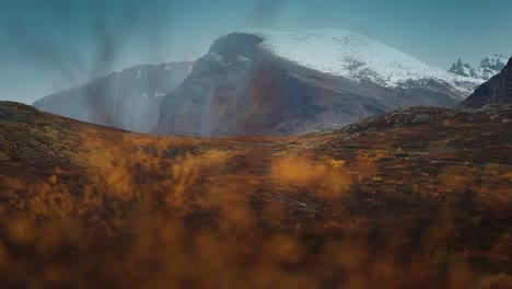 a panoramic view of a norwegian autumn valley, with patches of vivid oranges, yellows, and reds creating a striking scene as snow-covered mountains tower in the background