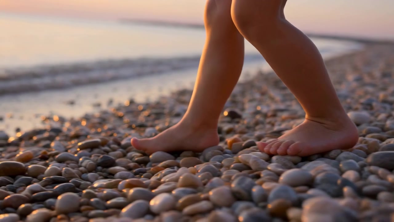 Primo piano dal basso di piedi e gambe che camminano lentamente su ciottoli lisci e bagnati lungo la riva, con la luce dell'ora d'oro, riflessi morbidi e un'atmosfera costiera serena, con piedi, gambe, camminata.