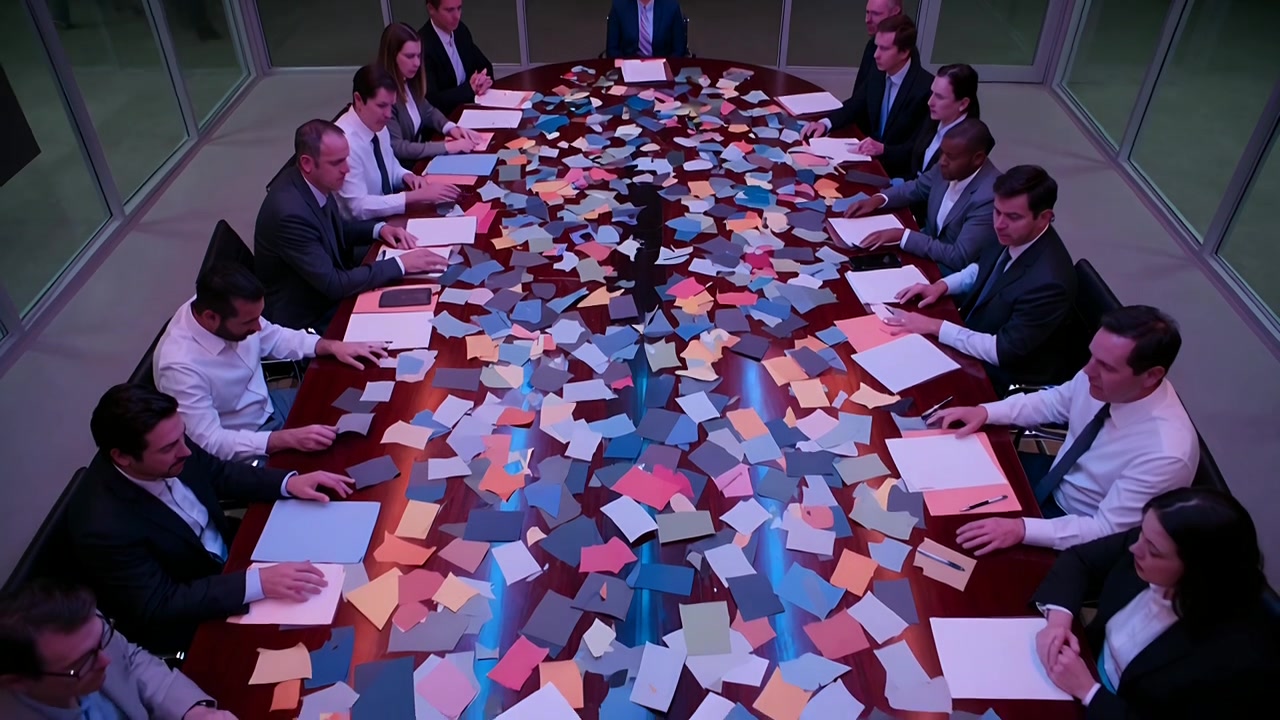 Sequenza che mostra un team in abiti eleganti che prendono appunti, preparando note da una pila di appunti sul tavolo della conferenza