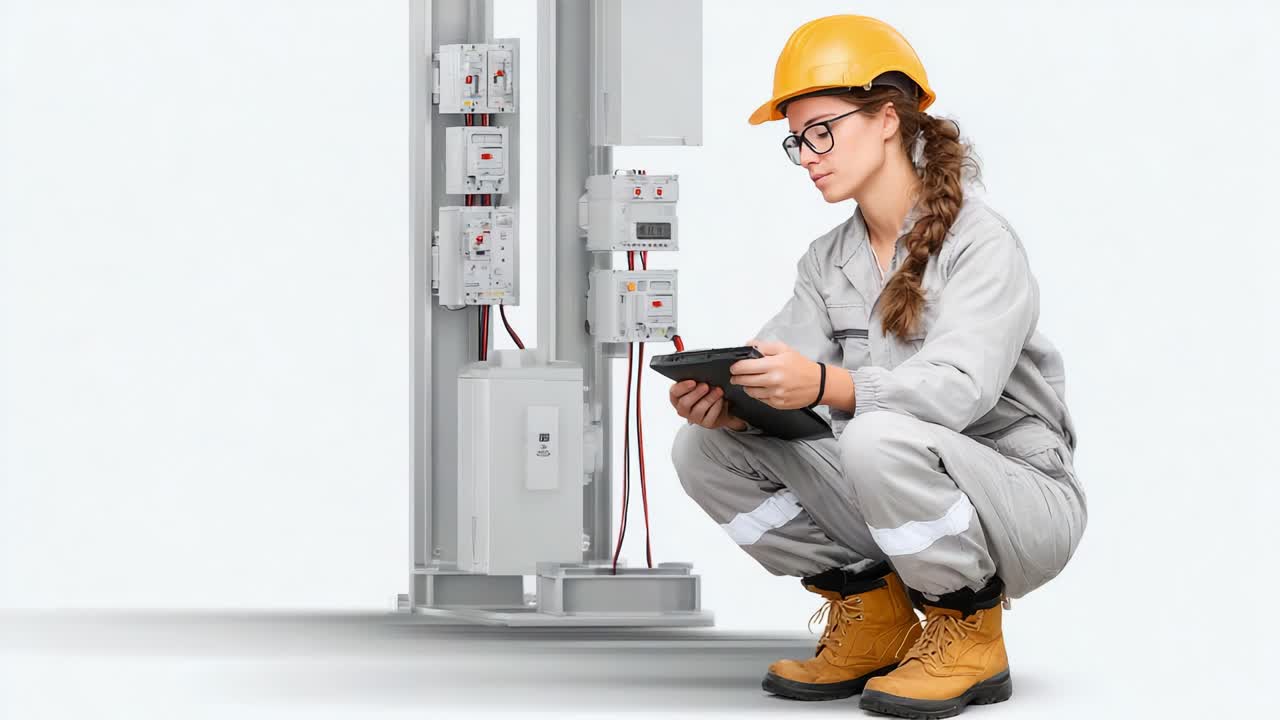 A focused female technician in a safety helmet and work uniform crouches down, inspecting equipment and taking notes on a tablet, showcasing the importance of safety and precision in electrical maintenance