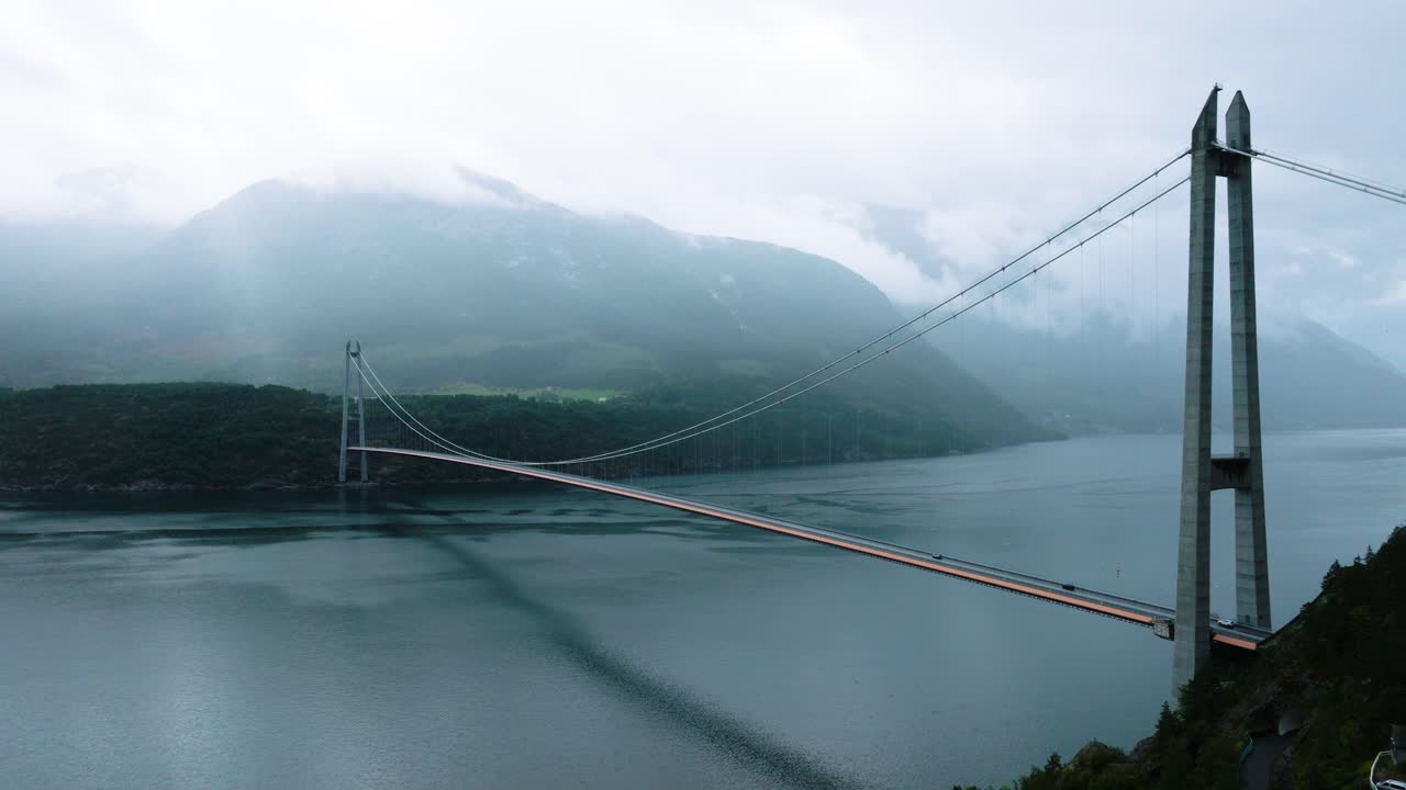 Aerial View of a Suspension Bridge over a Fjord in Norway