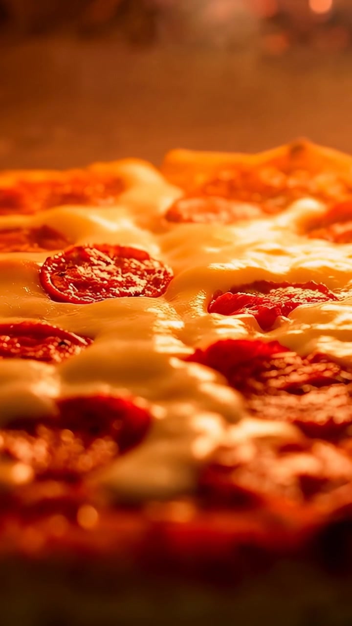 Video verticale: Pizza ai peperoni che si scioglie sotto il calore del forno, con formaggio che bolle e fette che diventano croccanti su pietra.