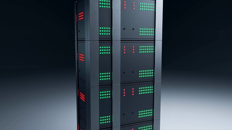 Upright server rack slides upward against fixed dark backdrop, bringing lower metal sections and repeated green and red light arrays into view as upper edge gradually leaves frame.