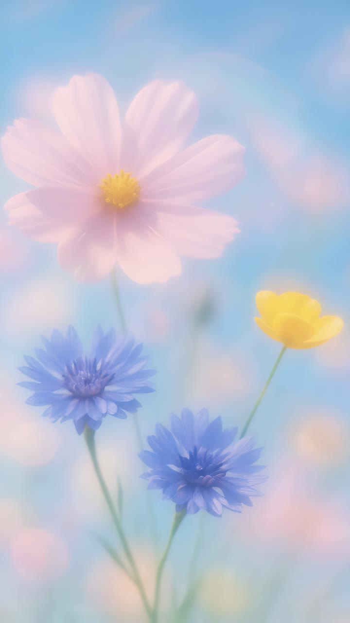 Soft-focus video concept of pastel flowers from a low angle, creating a dreamy, ethereal style
