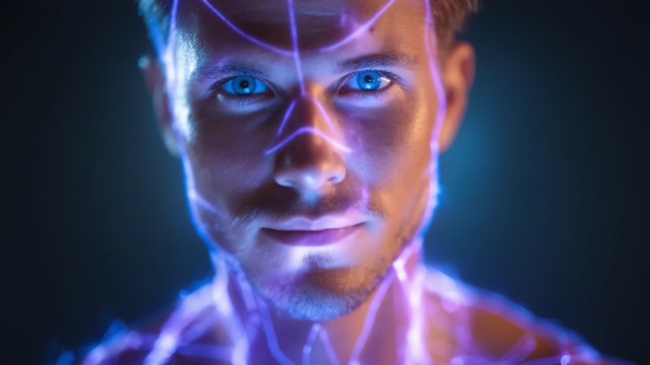 Una trasformazione affascinante che mostra un uomo con linee di energia luminose che gli illuminano la pelle, catturando una fusione surreale di bellezza e tecnologia in un'immagine sorprendente.