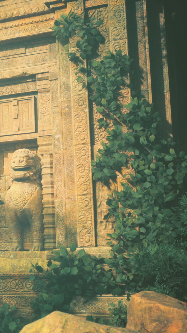 Ancient stone lion guard covered in green vines at historic temple site