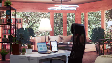 empty home office desk filled with documents and business reports on laptop