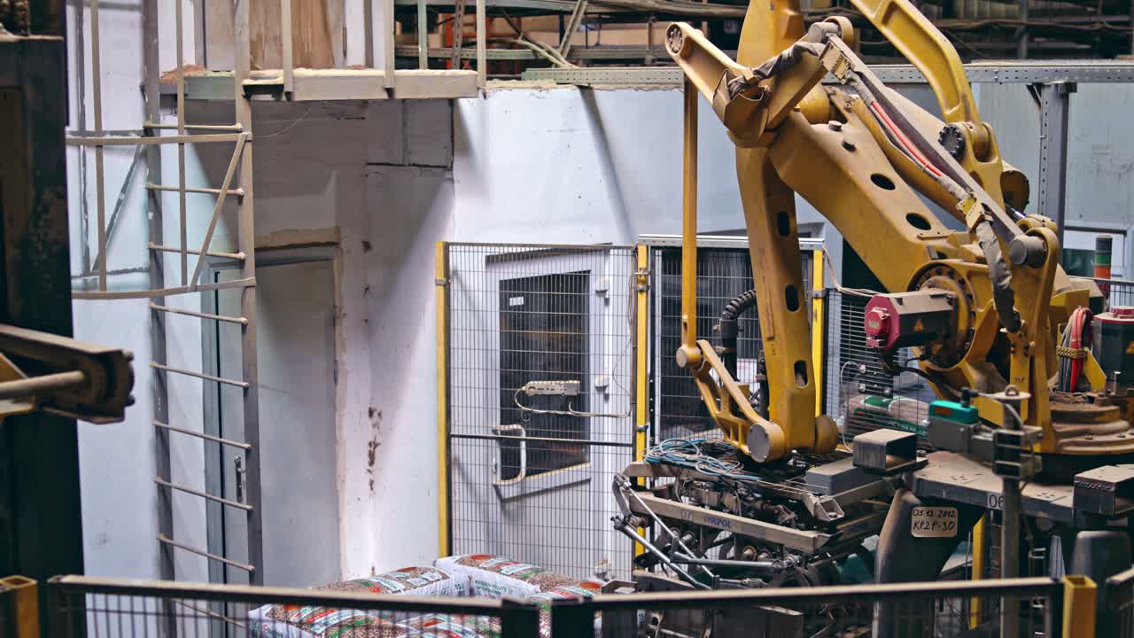 Mechanical robot with artificial intelligence sorts bags on the conveyor. Putting bags from line to the pallet. Process closeup.