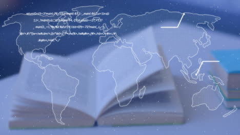 animation of text and world map over books on desk